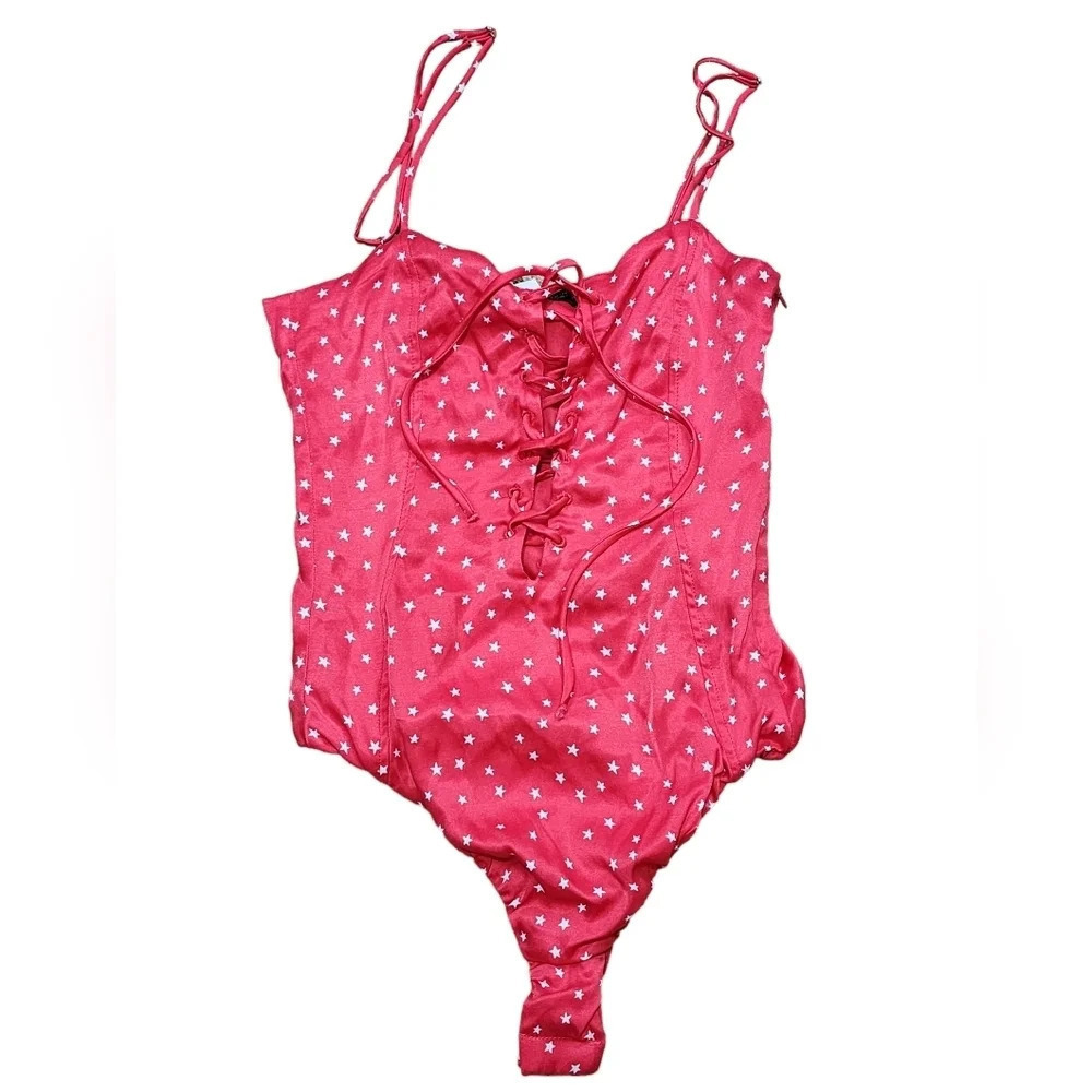 Zara Womens Lace Up Red & White Stars Snap Bodysuit